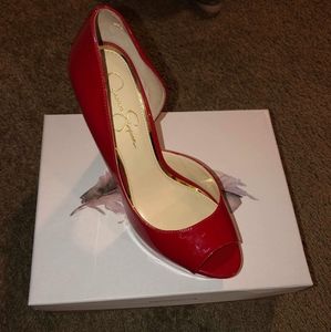 Jessica Simpson red patent letter heels
